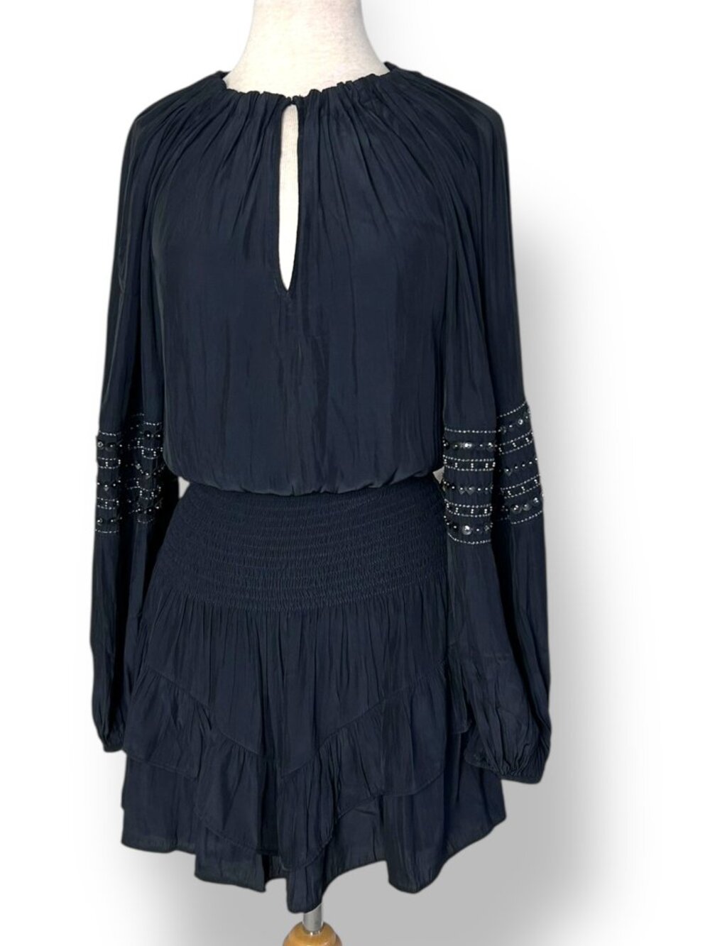 NWT Ramy Brook Ralphie Mini Dress Black Embellished Balloon Sleeves Sz XS